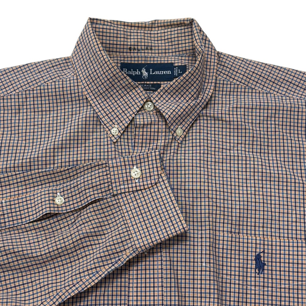 Ralph Lauren Blake Mens Large Blue‎ Orange Check Cotton Button Down Shirt
